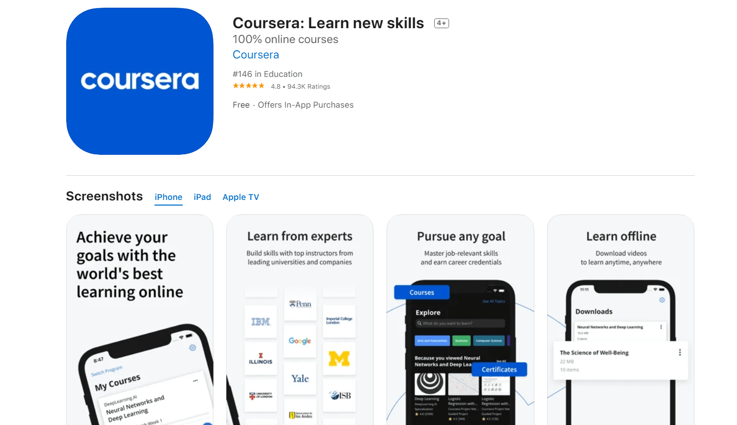 Мобильное приложение Coursera